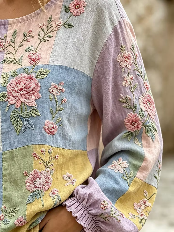 Women's Multicolor Floral Patchwork Print Cotton Puff Sleeve Top