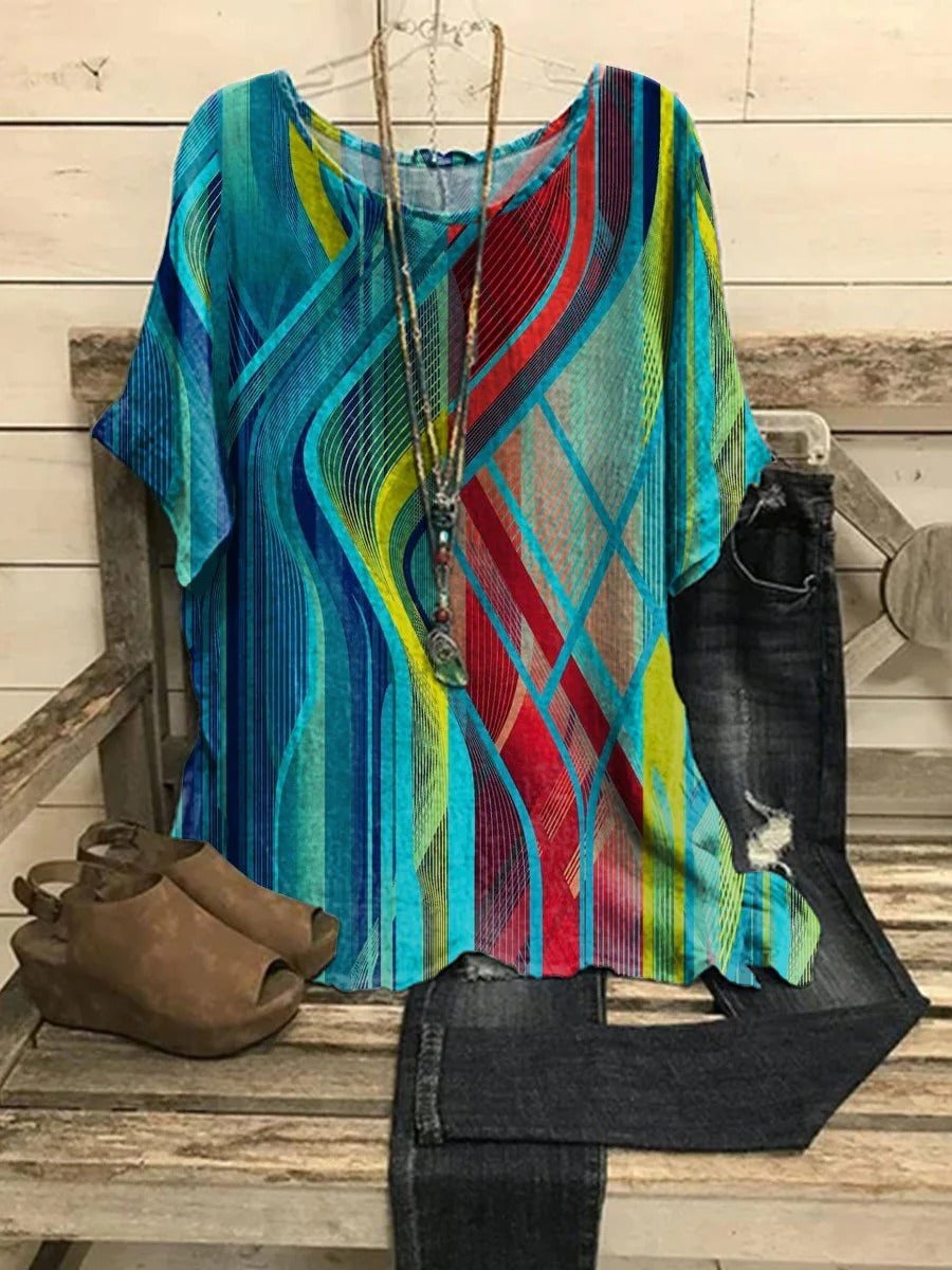 Comfysol Colorful Casual Round Neck Stripe Printed Short Sleeve Blouse