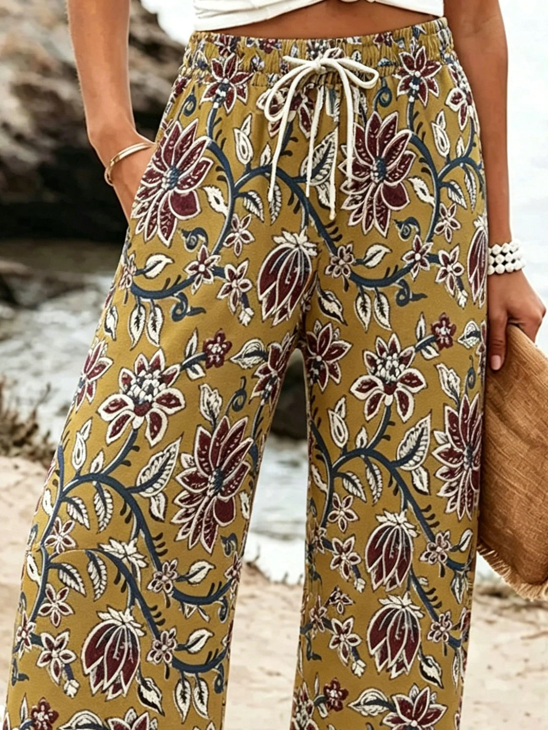 Vintage Botanical Print Drawstring Waist Trousers