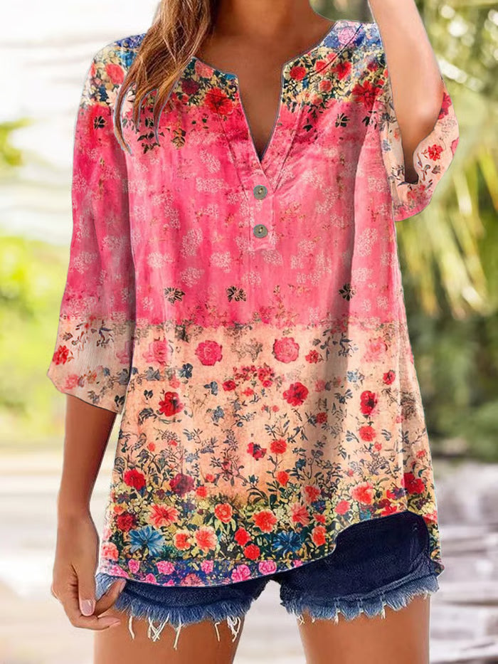 Women's Casual Retro Plant Flower Print Three-Quarter Sleeve Shirt