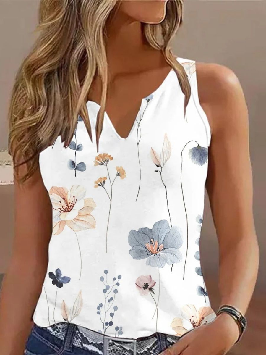 Comfysol White Casual V Neck Floral Printed Sleeveless Tank