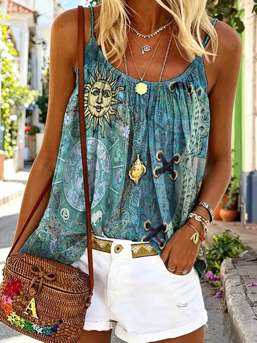 Women's Boho Sun & Zodiac Print Spaghetti Strap Camisole Top