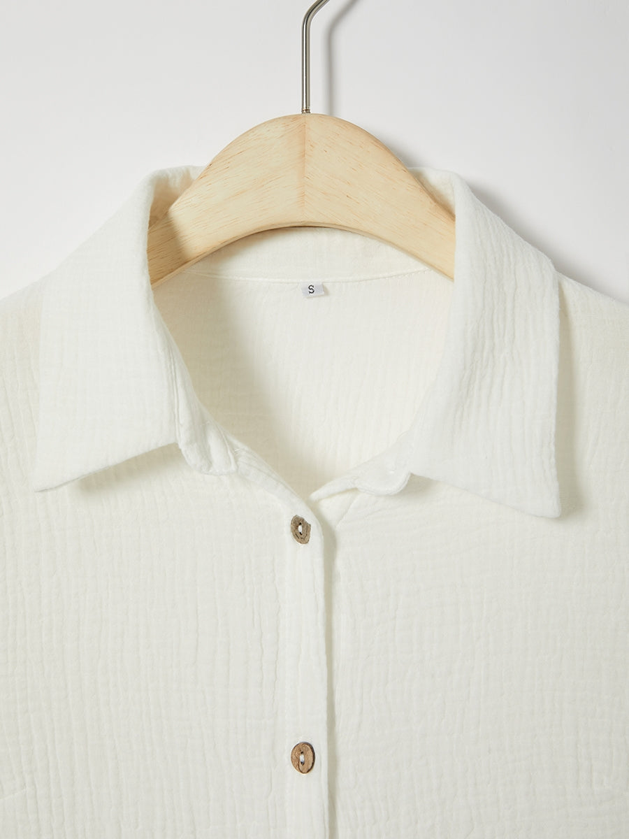 Comfysol Solid Color Bowknot Lapel Long Sleeve Blouse with Buttons