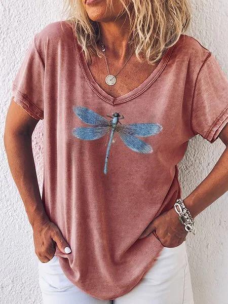 Comfysol Dragonfly Printed Casual V-neck Short Sleeve T-shirt