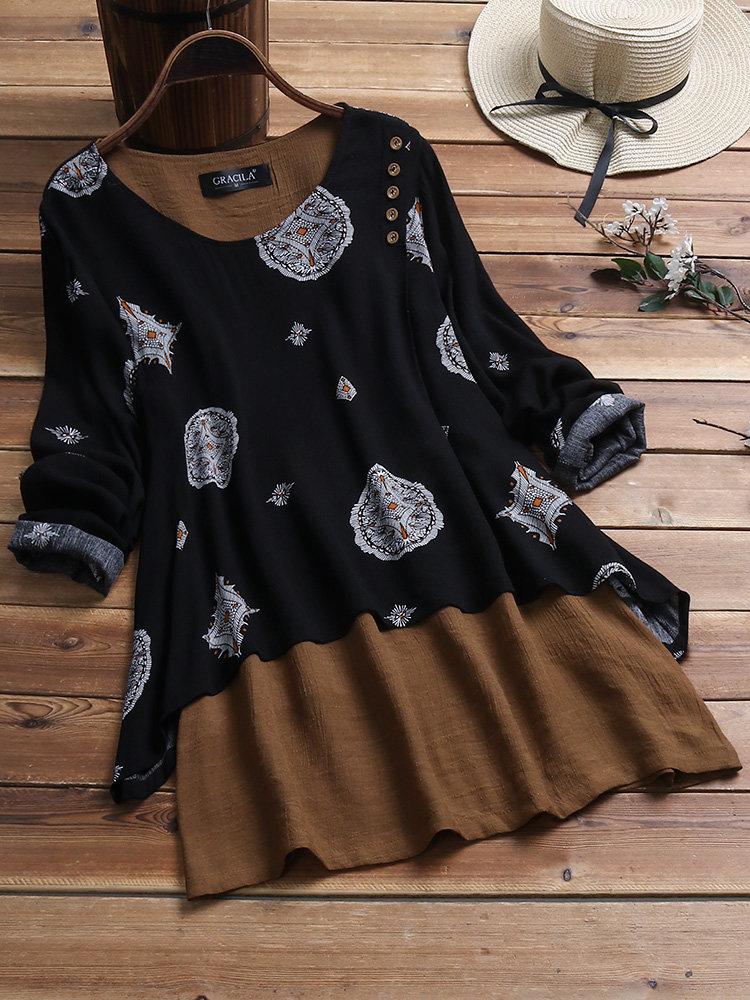 Comfysol Ethnic Print Patch Long Sleeve Crew Neck Blouse