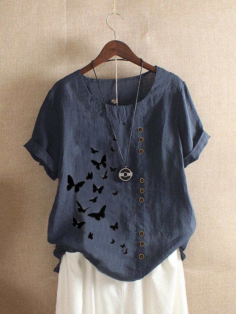 Comfysol Butterflies Print Button Short Sleeve Casual T-shirt