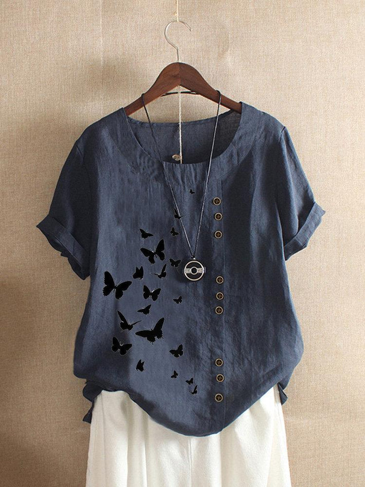 Comfysol Butterflies Print Button Short Sleeve Casual T-shirt