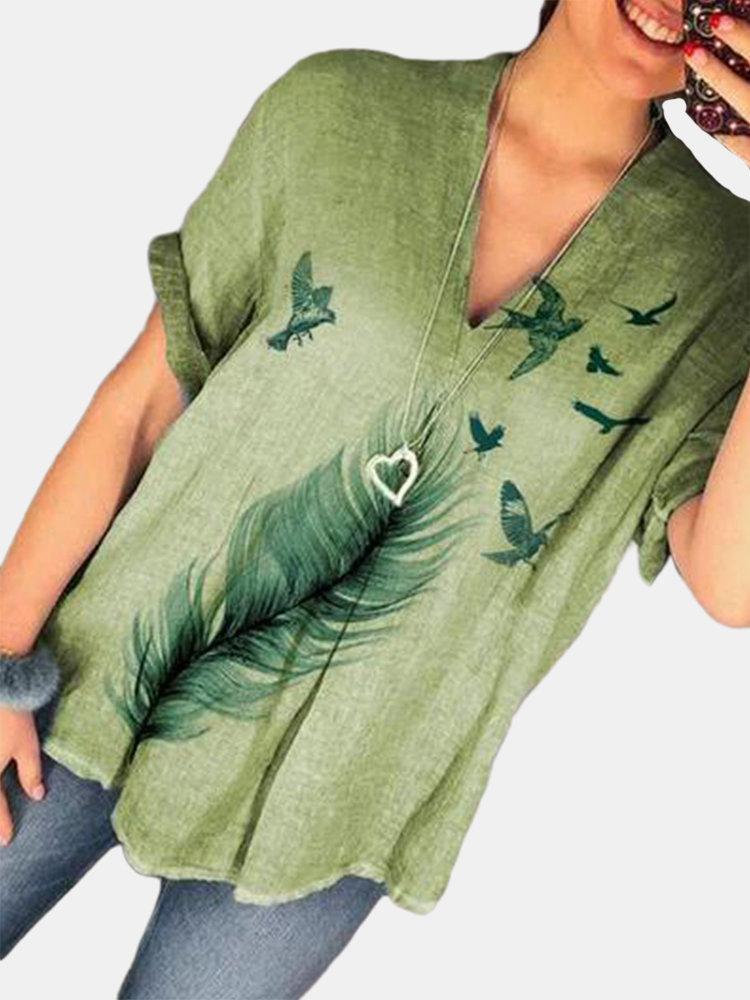 Comfysol Casual Print Feather V-neck Short Sleeve Overhead Blouse