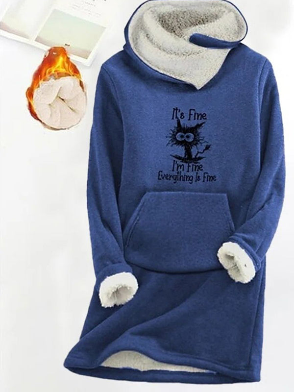 Comfysol Blue Casual Graphic Tops Round Neck Long Sleeve Cat Character Printed with Pockets Fleece Sweatshirts