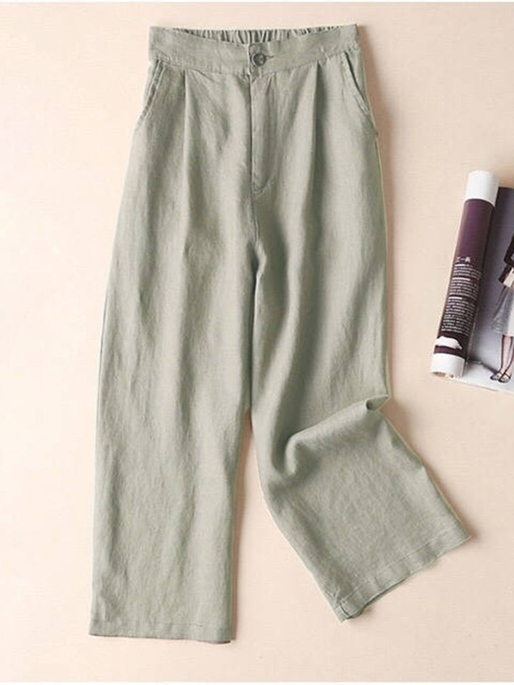 Comfysol Solid Pockets Elastic Cotton Casual Straight Pants