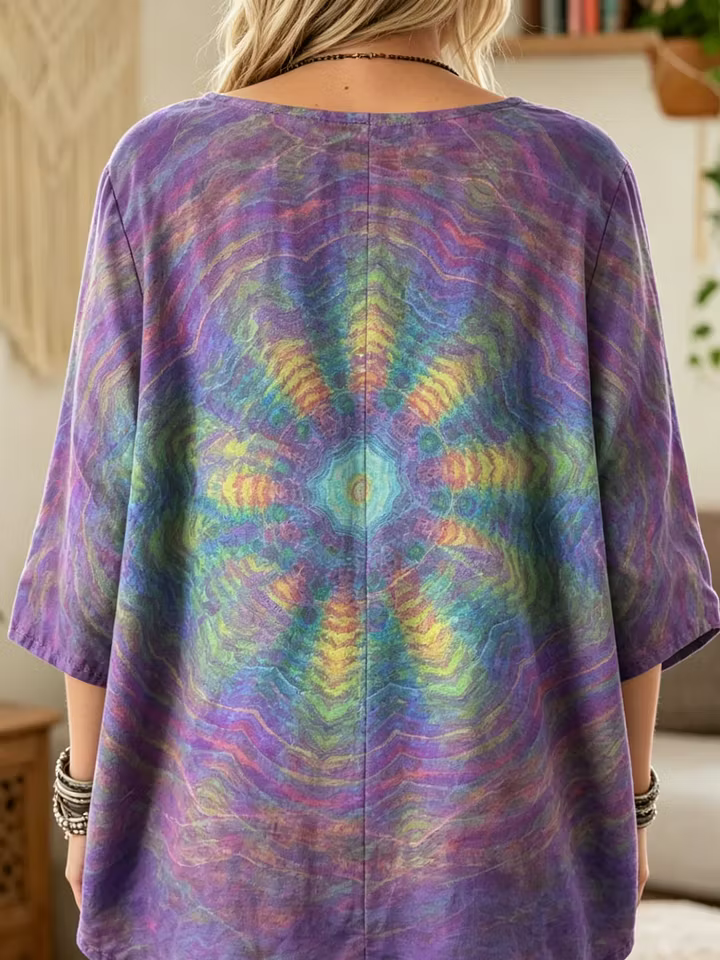Ethnicity Kaleidoscope Purple Women's Art Print Casual 3/4 Sleeve Cotton Top