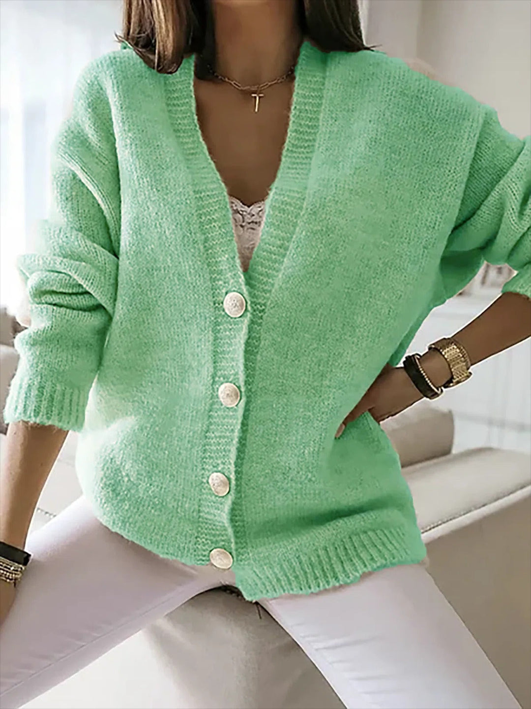 Comfysol Green Casual Lapel Solid Long Sleeve Sweater