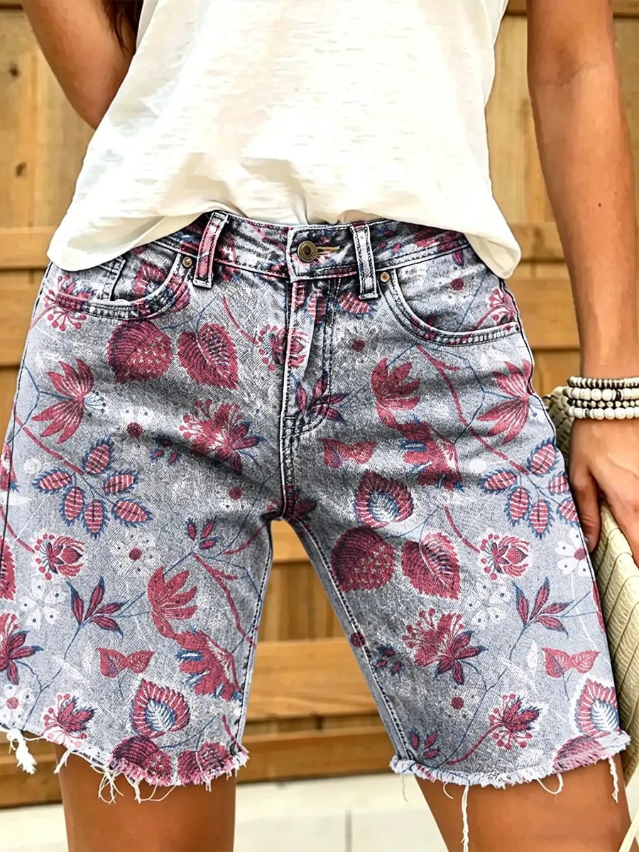 Women's Art Print Casual Denim Shorts with Ethnic Totem Floral Designs