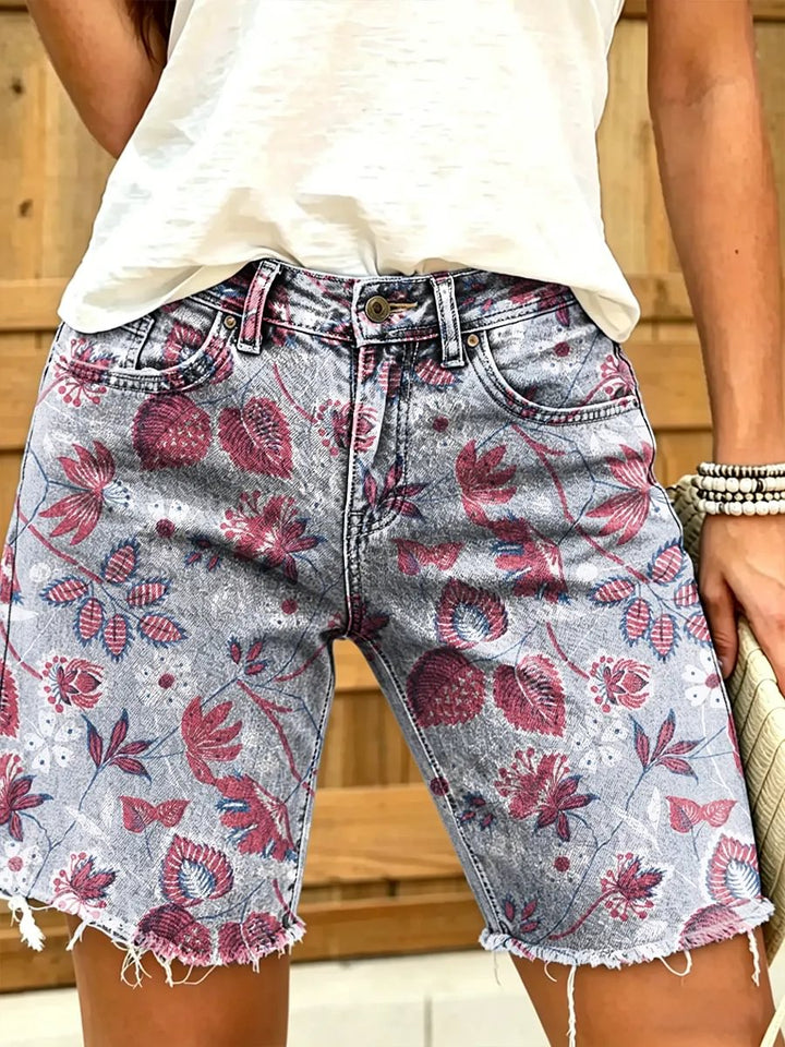 Women's Art Print Casual Denim Shorts with Ethnic Totem Floral Designs