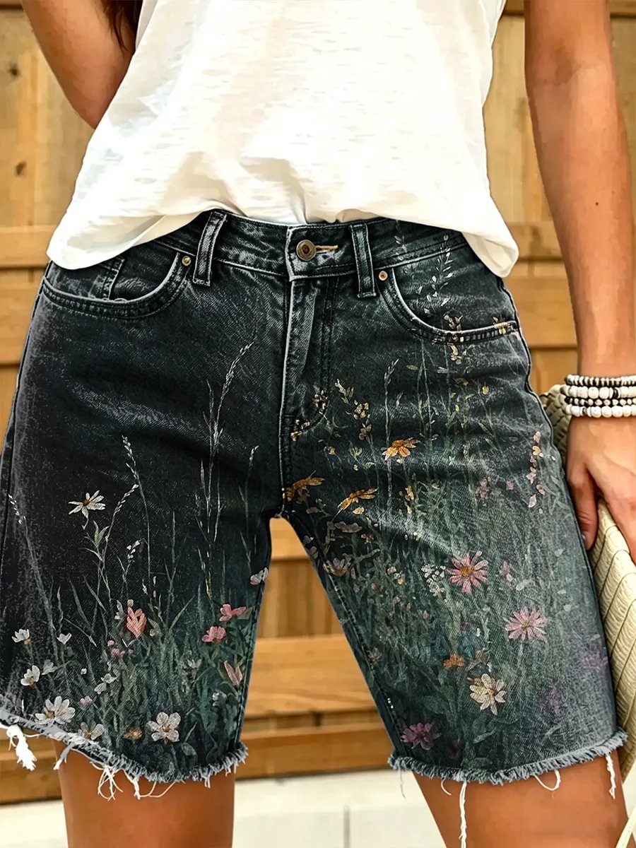 Retro ethnic floral pattern women's art print casual denim shorts