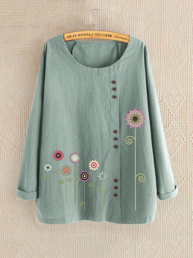 Comfysol Casual Print Floral Crew Neck Long Sleeve Blouse