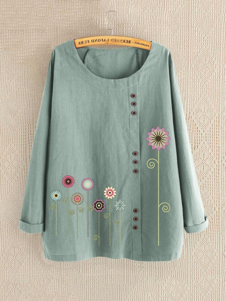 Comfysol Casual Print Floral Crew Neck Long Sleeve Blouse