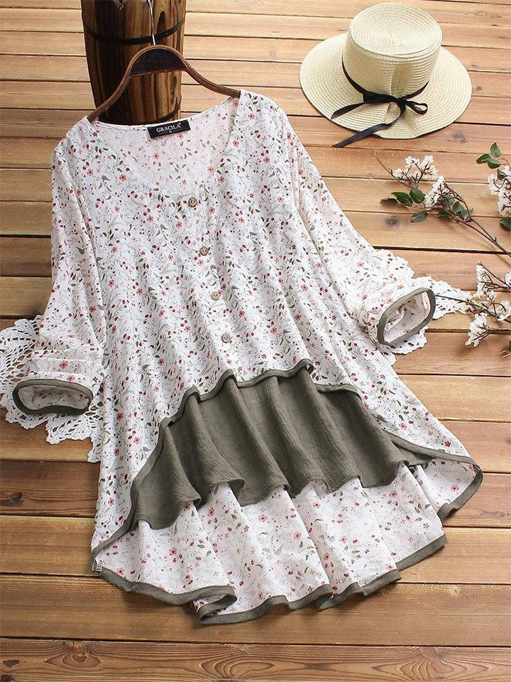 Comfysol Women's Floral Print Patchwork Long Sleeve Irregular Hem Blouse