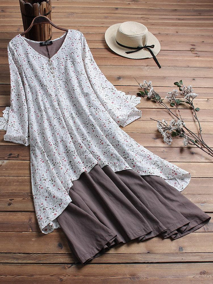 Comfysol Vintage Patchwork Print V-Neck Maxi Dress with Pockets