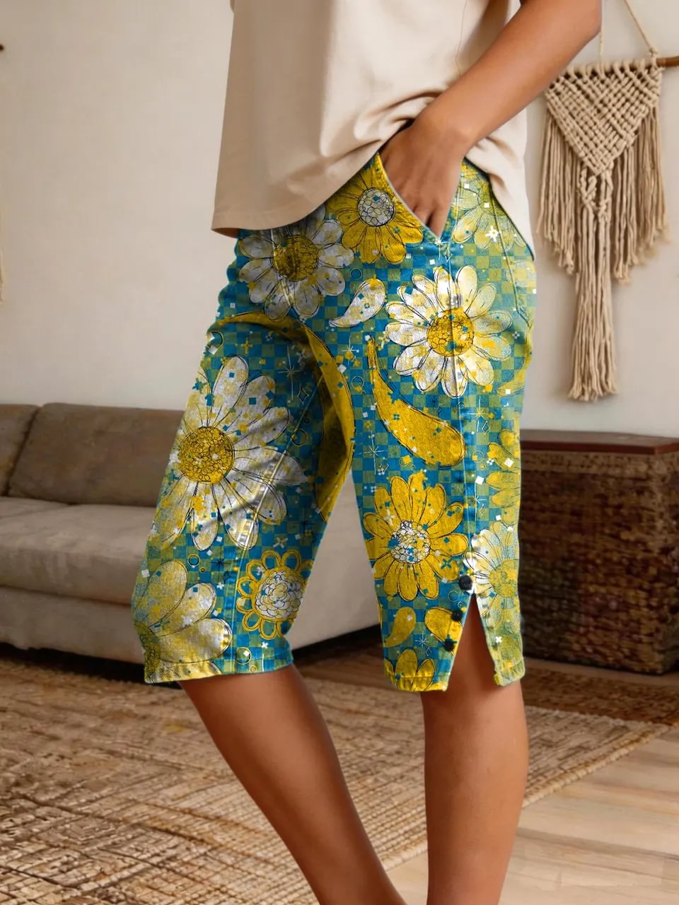 Women's Daisy Checkerboard Print Boho Denim Shorts
