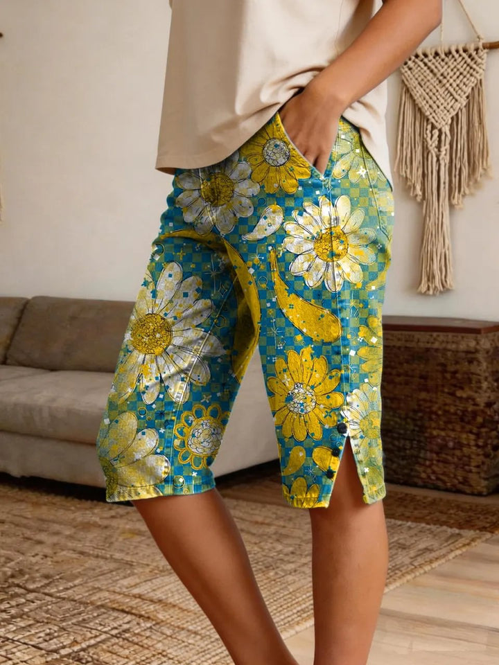Women's Daisy Checkerboard Print Boho Denim Shorts