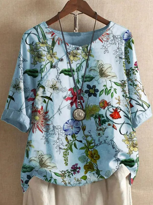 Comfysol Blue Casual Round Neck Floral Printed Half Sleeve Blouse