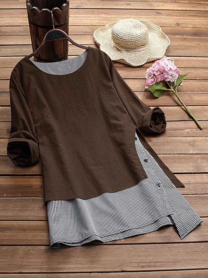 Comfysol Stripe Patchwork Asymmetrical Long Sleeve Casual Blouse
