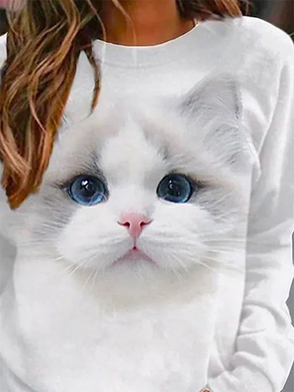Comfysol White Casual Graphic Tops Round Neck Long Sleeve Cat Printed Sweatshirts