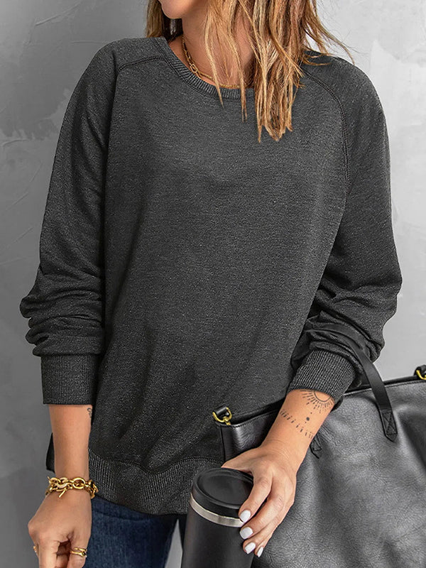 Comfysol Deep Gray Casual Tops Round Neck Long Sleeve Solid Sweatshirts