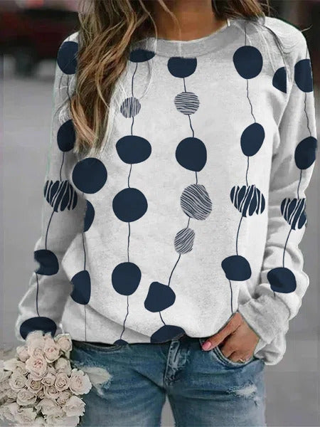 Comfysol Blue Casual Graphic Tops Round Neck Polka Dots Printed Long Sleeve Sweatshirts