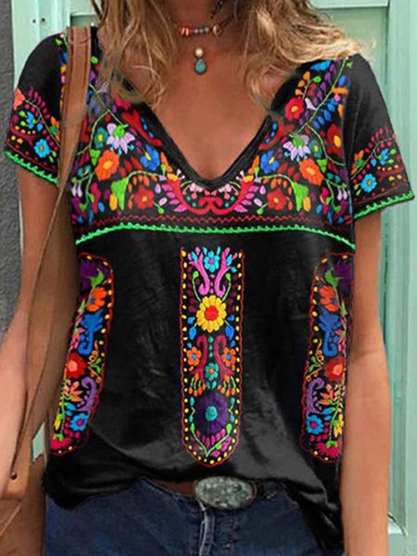 Comfysol Black Comfy V-neck Short Sleeve Floral Printed Blouse