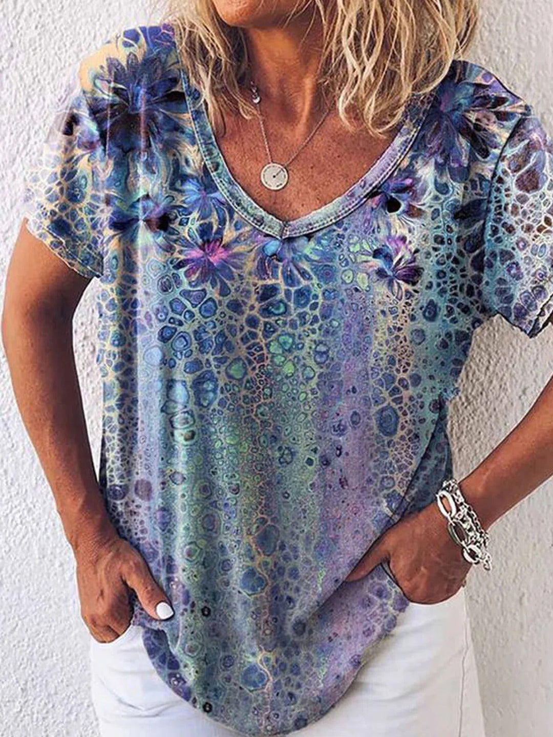 Comfysol Multi Casual V Neck Printed Short Sleeve Blouse