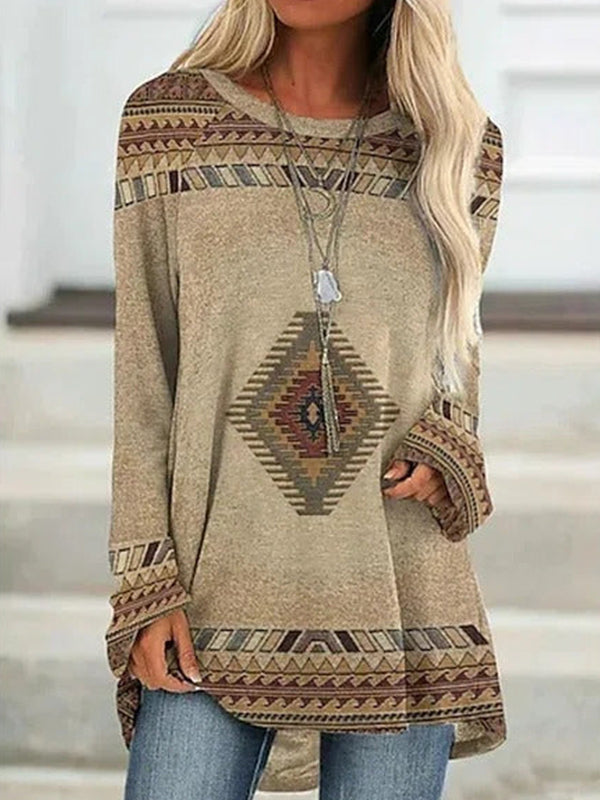 Comfysol Khaki Casual Round Neck Long Sleeve Geometric Printed Sweatshirts