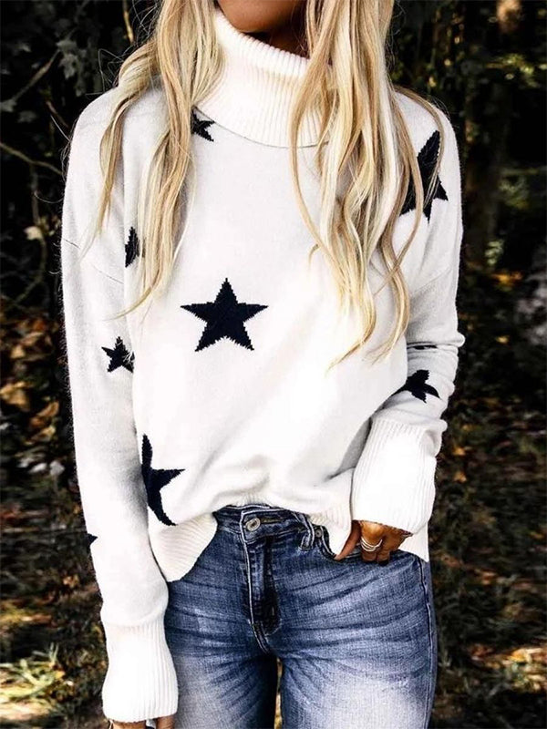 Comfysol White Casual Graphic Tops High Neck Long Sleeve Stars Printed Sweaters