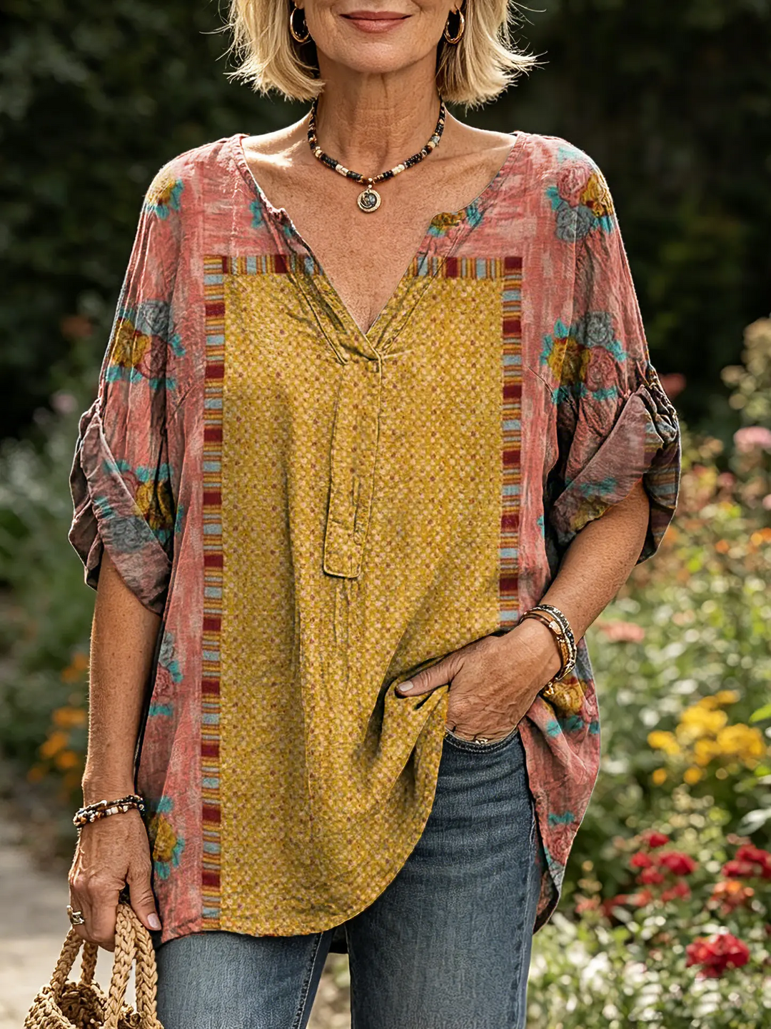 Women's Ethnic Patchwork Floral Print Rolled Sleeve Top