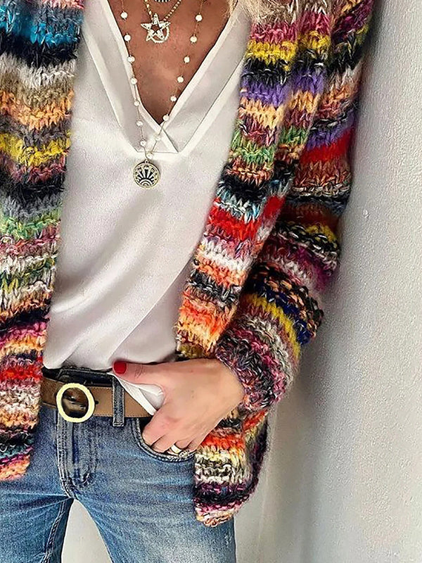 Comfysol Women's Long Sleeve Colorful Striped Knit Cardigan