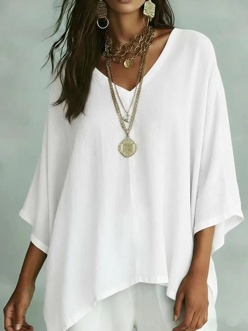 Flowy Solid V-Neck Irregular Hem Half Sleeve Top