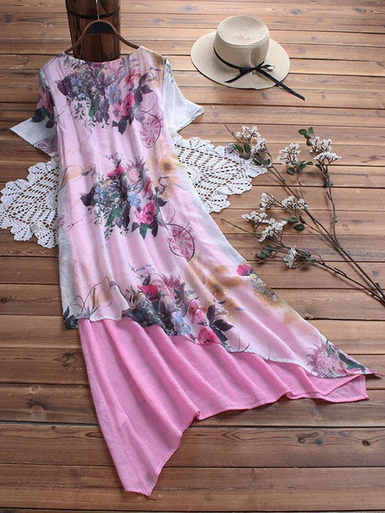 Comfysol Casual Short Sleeve Round Neck Floral Printed Vintage Maxi Dress