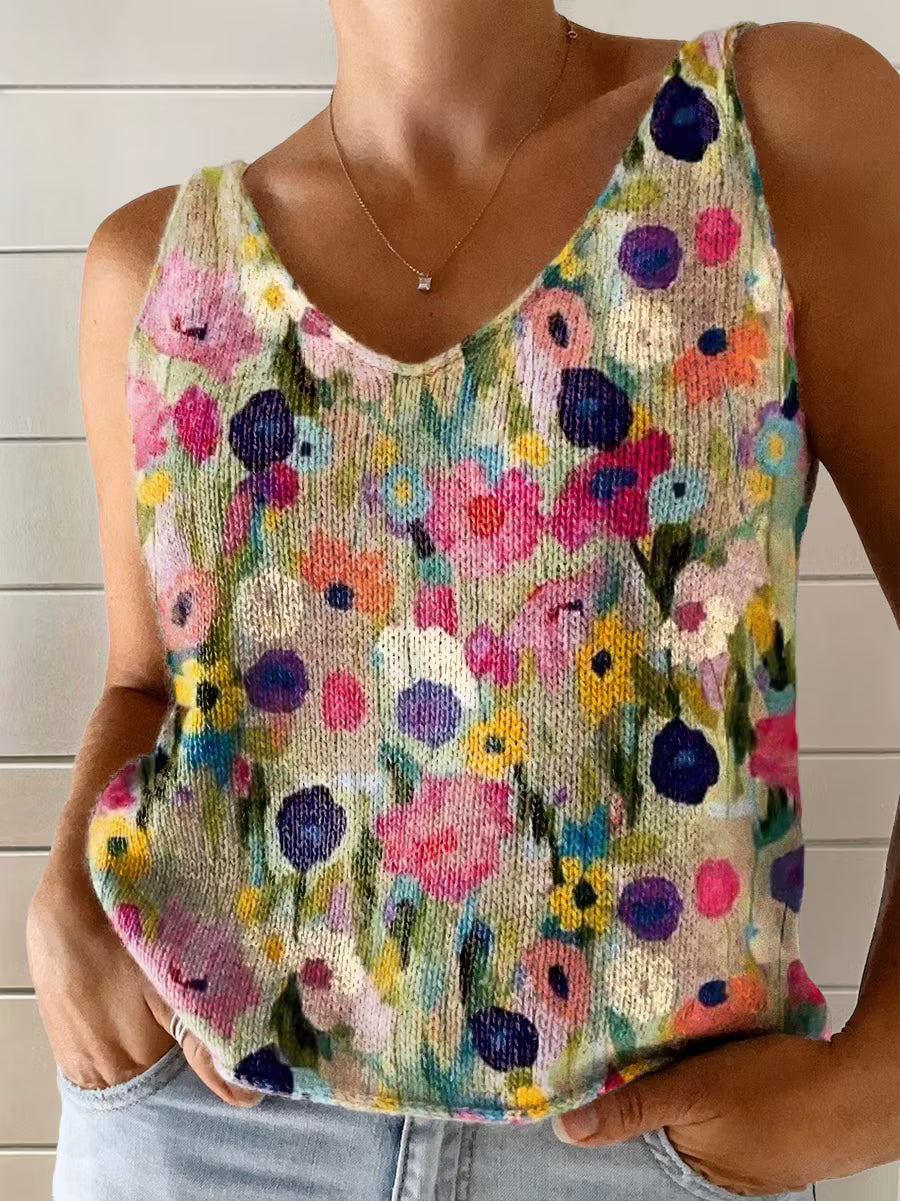 Women's Vintage Floral Art Print Casual V-neck Knitting Camisole Top