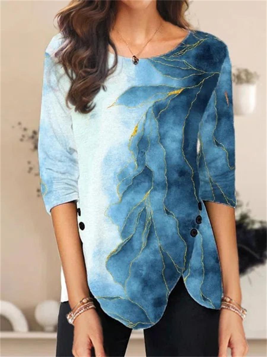 Comfysol Blue Casual Round Neck Ombre Printed Long Sleeve Blouse