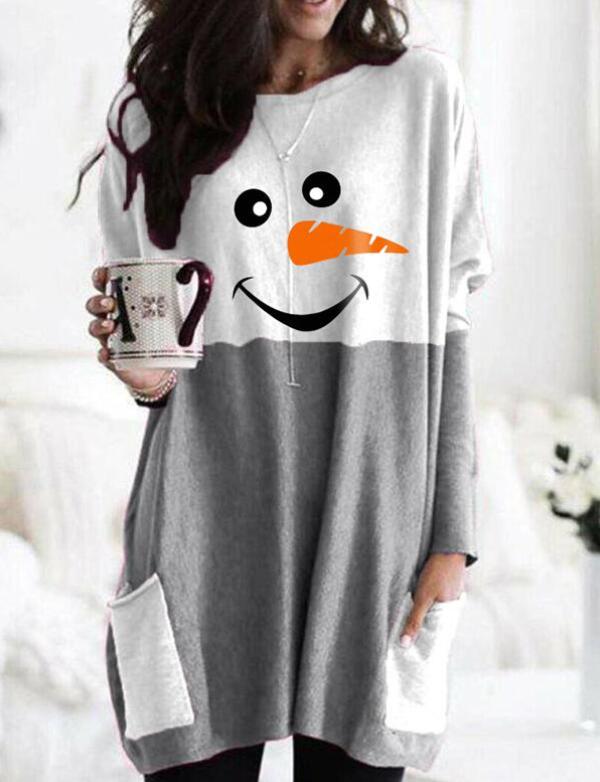 Comfysol Cozy Christmas Snowman Face Long Sleeve T-shirt