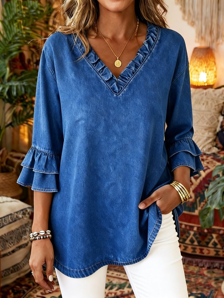 Women's Casual Ruffled Washed Cotton Denim Top