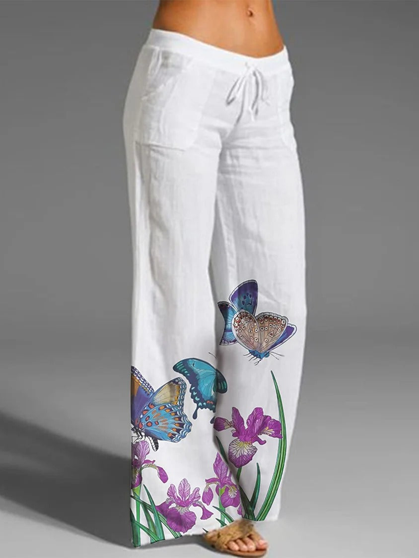 Comfysol White Casual Butterfly Printed Pants with Pockets