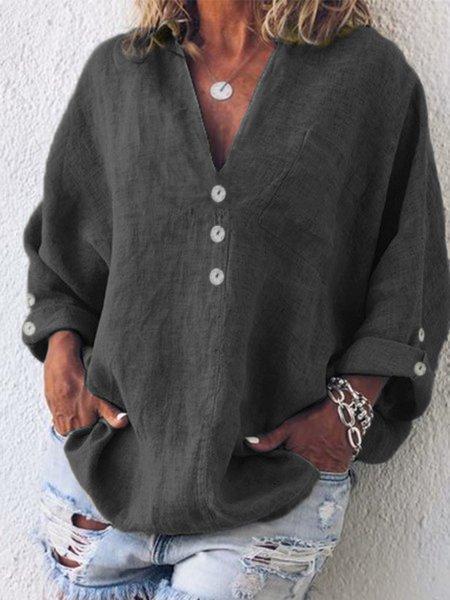 Comfysol Buttoned V-neck Cotton Long Sleeve Blouse
