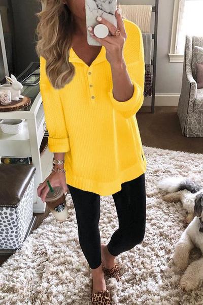 Comfysol Solid Color Buttons Casual V-neck Long Sleeve T-shirt