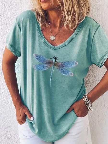 Comfysol Dragonfly Printed Casual V-neck Short Sleeve T-shirt