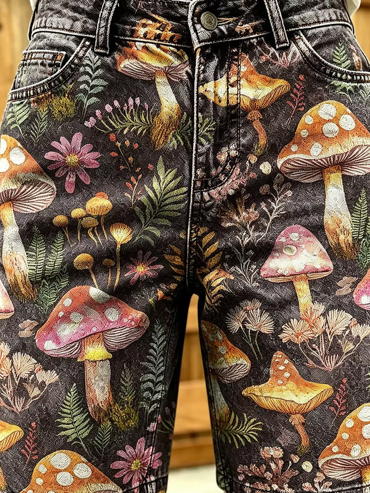 Women's Mushroom and Floral Watercolor Print Cotton Denim Shorts