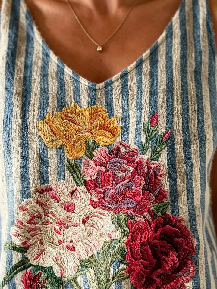 Women's Retro Ethnic Floral Striped Art Print Casual Sleeveless V-neck Wool Blend Knit Top