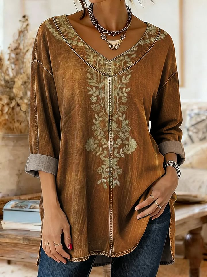 Ethnicity Flowers Totem Women's Art Print Casual Washed Denim Cotton Top
