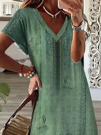Women Floral Short Sleeve Summer Printing Dress V Neck Daily Casual Maxi T-Shirt Dress X-Line Dress